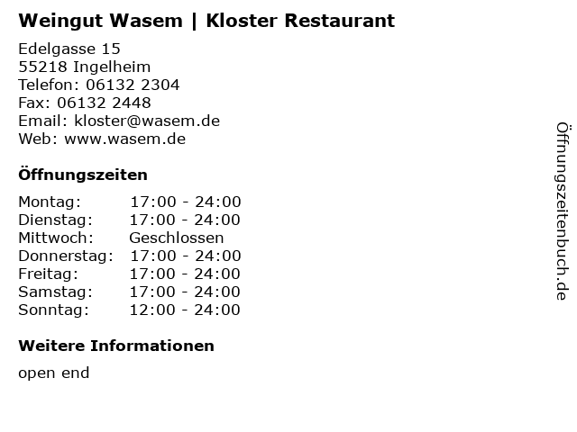 Weingut Wasem | Kloster Restaurant in Ingelheim: Adresse und Öffnungszeiten