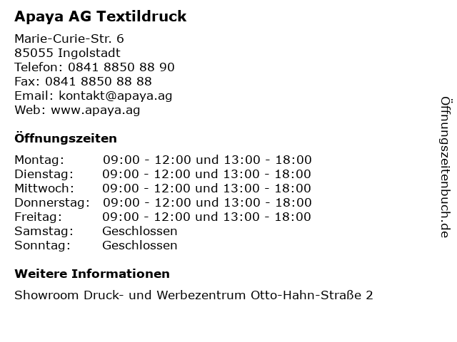Apaya AG Textildruck in Ingolstadt: Adresse und Öffnungszeiten