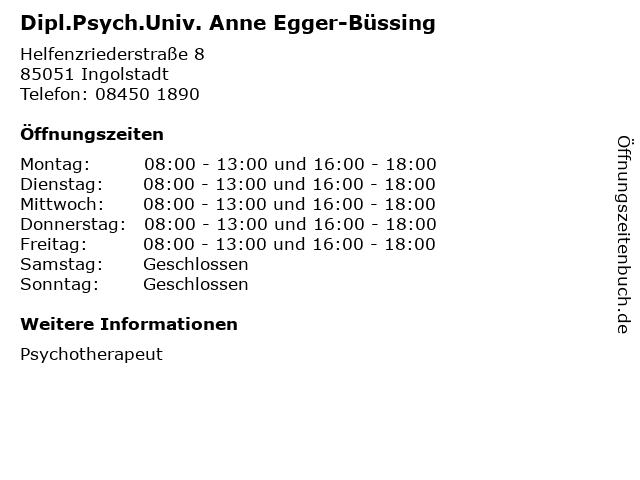 Dipl.Psych.Univ. Anne Egger-Büssing in Ingolstadt: Adresse und Öffnungszeiten
