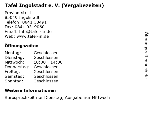 ᐅ Offnungszeiten Ingolstadter Tafel E V Vergabezeiten