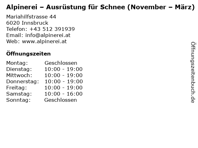 Alpinerei – Ausrüstung für Schnee (November – März) in Innsbruck: Adresse und Öffnungszeiten
