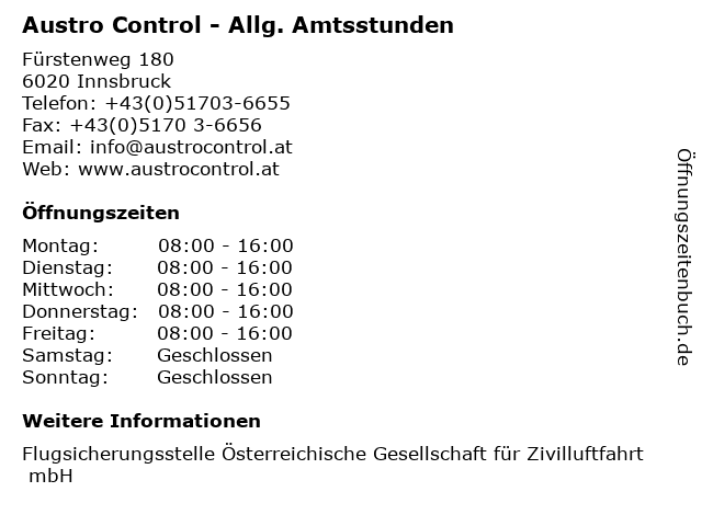 Austro Control - Allg. Amtsstunden in Innsbruck: Adresse und Öffnungszeiten