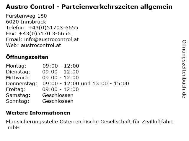 Austro Control - Parteienverkehrszeiten allgemein in Innsbruck: Adresse und Öffnungszeiten