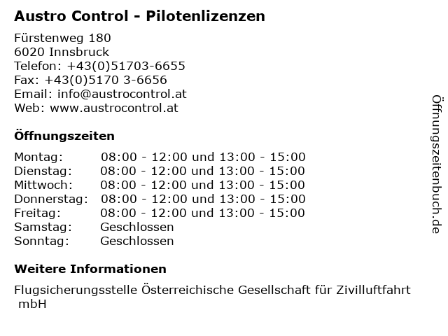 Austro Control - Pilotenlizenzen in Innsbruck: Adresse und Öffnungszeiten