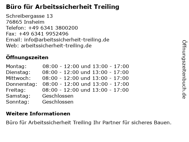 Büro für Arbeitssicherheit Treiling in Insheim: Adresse und Öffnungszeiten