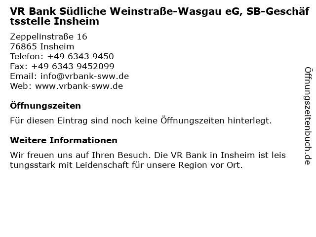 VR Bank Südliche Weinstraße-Wasgau eG, SB-Geschäftsstelle Insheim in Insheim: Adresse und Öffnungszeiten