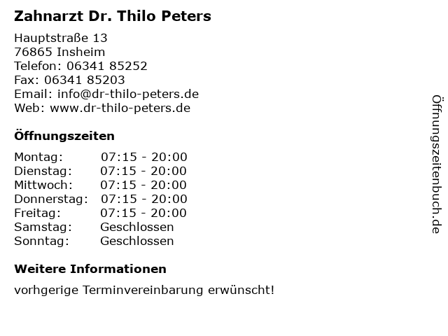 Zahnarzt Dr. Thilo Peters in Insheim: Adresse und Öffnungszeiten