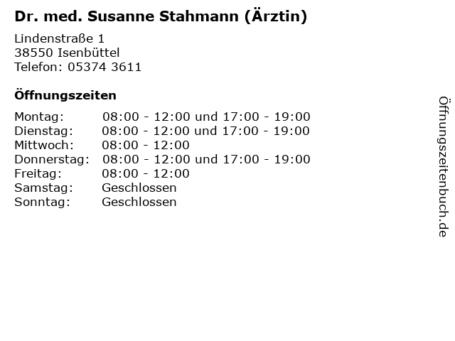 Dr. med. Susanne Stahmann (Ärztin) in Isenbüttel: Adresse und Öffnungszeiten