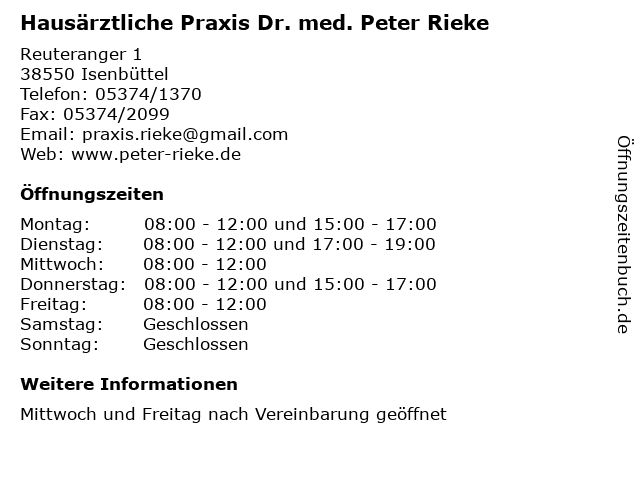 Hausärztliche Praxis Dr. med. Peter Rieke in Isenbüttel: Adresse und Öffnungszeiten