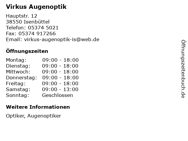 Virkus Augenoptik in Isenbüttel: Adresse und Öffnungszeiten