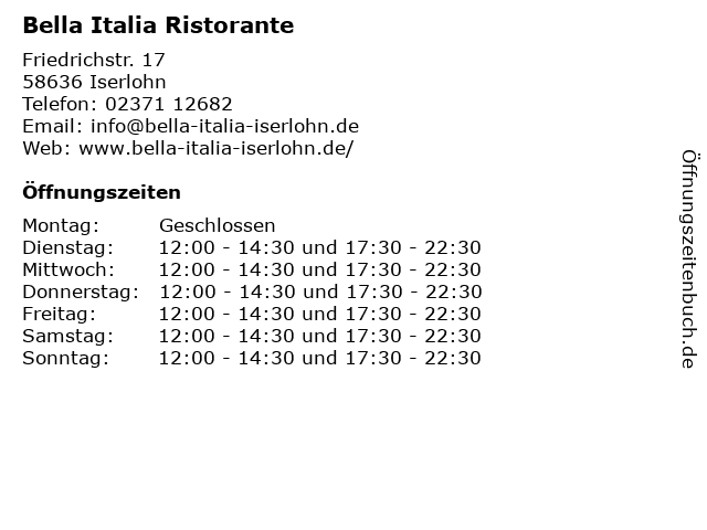 Bella Italia Ristorante in Iserlohn: Adresse und Öffnungszeiten