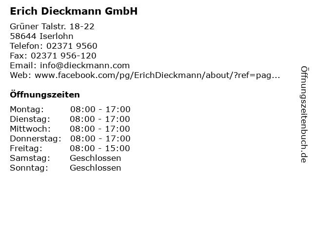 Erich Dieckmann GmbH in Iserlohn: Adresse und Öffnungszeiten