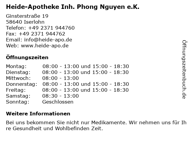 ᐅ Öffnungszeiten „Heide-Apotheke“ | Ginsterstraße 19 in Iserlohn