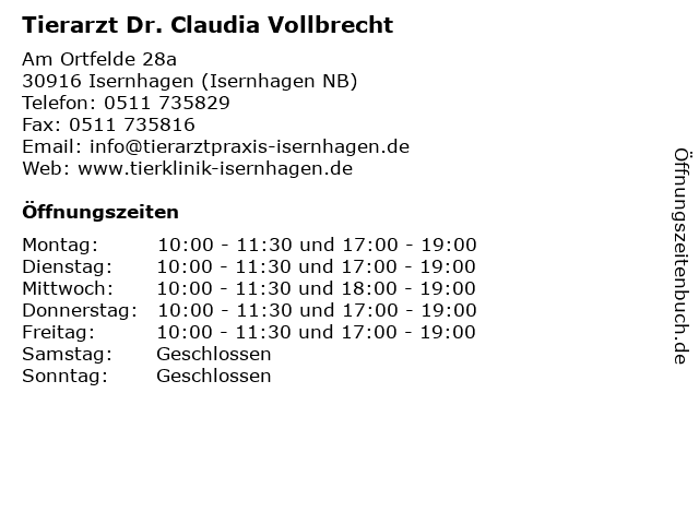 Tierarzt Dr. Claudia Vollbrecht in Isernhagen (Isernhagen NB): Adresse und Öffnungszeiten