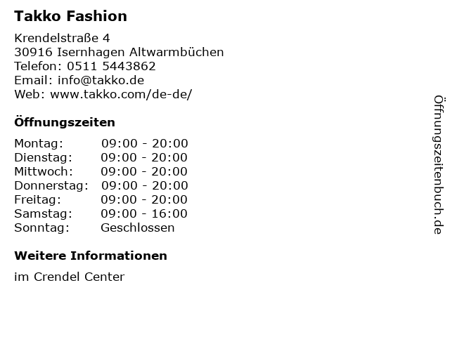 Takko Fashion in Isernhagen Altwarmbüchen: Adresse und Öffnungszeiten