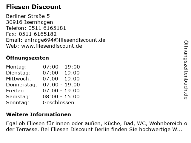 Fliesen Discount in Isernhagen: Adresse und Öffnungszeiten