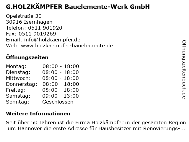 G.HOLZKÄMPFER Bauelemente-Werk GmbH in Isernhagen: Adresse und Öffnungszeiten