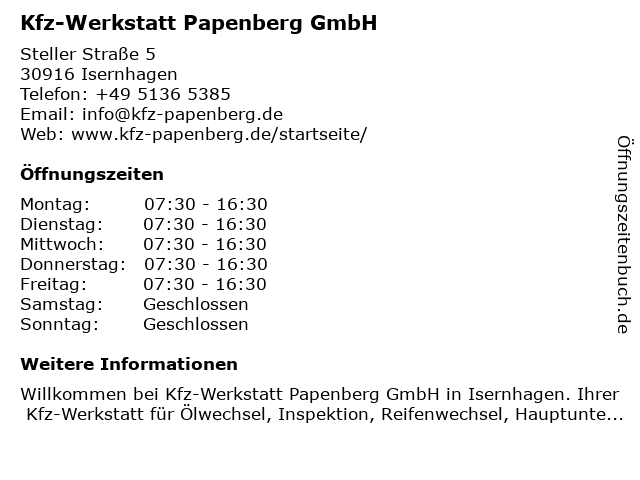 Kfz-Werkstatt Papenberg GmbH in Isernhagen: Adresse und Öffnungszeiten