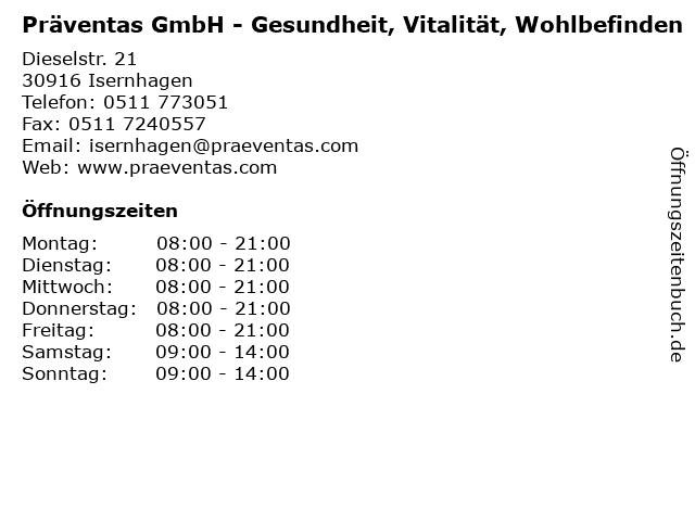 Präventas GmbH - Gesundheit, Vitalität, Wohlbefinden in Isernhagen: Adresse und Öffnungszeiten