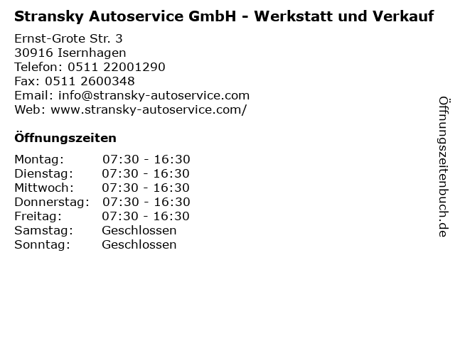 Stransky Autoservice GmbH - Werkstatt und Verkauf in Isernhagen: Adresse und Öffnungszeiten
