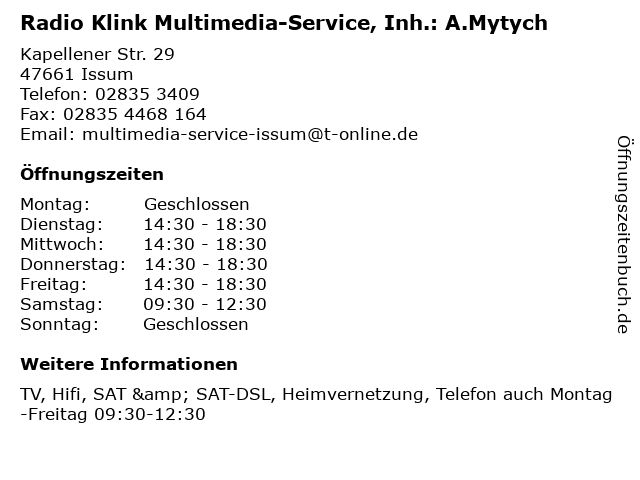 Radio Klink Multimedia-Service, Inh.: A.Mytych in Issum: Adresse und Öffnungszeiten