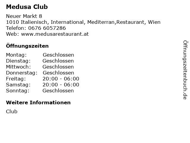 Medusa Club in Italienisch, International, Mediterran,Restaurant, Wien: Adresse und Öffnungszeiten