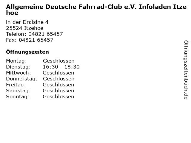 Allgemeine Deutsche Fahrrad-Club e.V. Infoladen Itzehoe in Itzehoe: Adresse und Öffnungszeiten