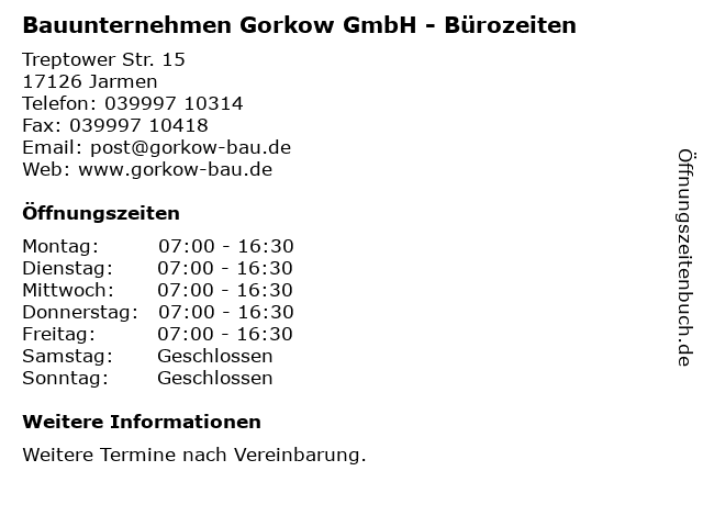 Bauunternehmen Gorkow GmbH - Bürozeiten in Jarmen: Adresse und Öffnungszeiten