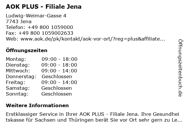 AOK PLUS - Filiale Jena in Jena: Adresse und Öffnungszeiten
