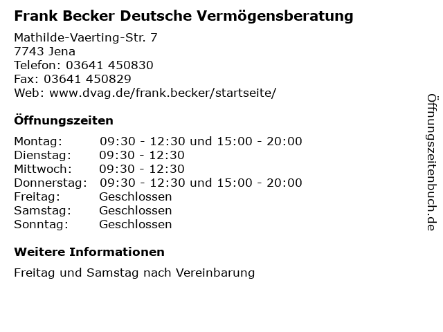Frank Becker Deutsche Vermögensberatung in Jena: Adresse und Öffnungszeiten