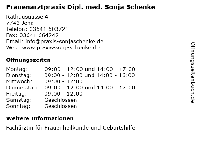Frauenarztpraxis Dipl. med. Sonja Schenke in Jena: Adresse und Öffnungszeiten
