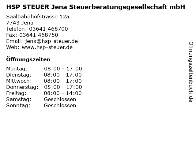 HSP STEUER Jena Steuerberatungsgesellschaft mbH in Jena: Adresse und Öffnungszeiten