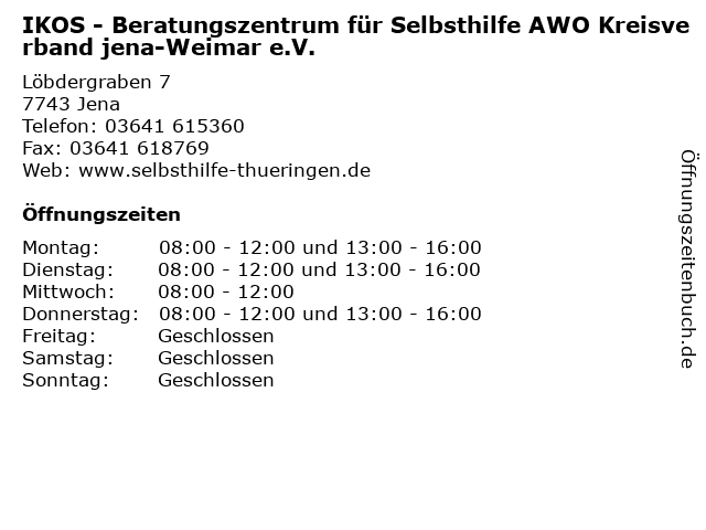 IKOS - Beratungszentrum für Selbsthilfe AWO Kreisverband jena-Weimar e.V. in Jena: Adresse und Öffnungszeiten