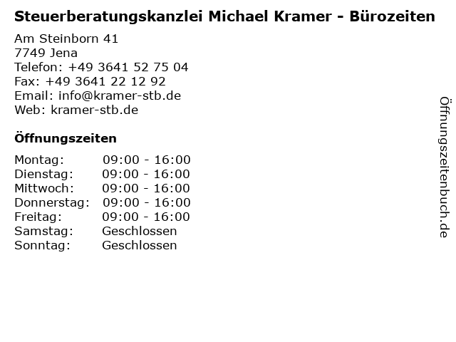 Steuerberatungskanzlei Michael Kramer - Bürozeiten in Jena: Adresse und Öffnungszeiten