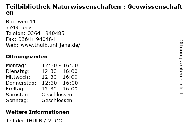 Teilbibliothek Naturwissenschaften : Geowissenschaften in Jena: Adresse und Öffnungszeiten