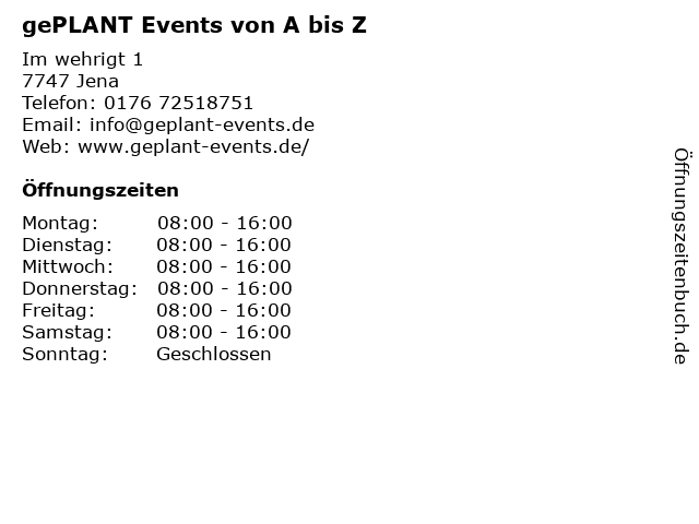 gePLANT Events von A bis Z in Jena: Adresse und Öffnungszeiten