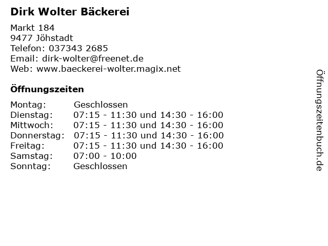 Dirk Wolter Bäckerei in Jöhstadt: Adresse und Öffnungszeiten