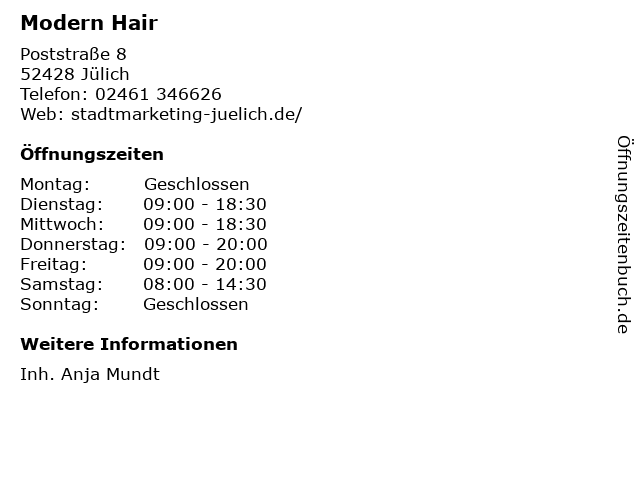 Modern Hair in Jülich: Adresse und Öffnungszeiten