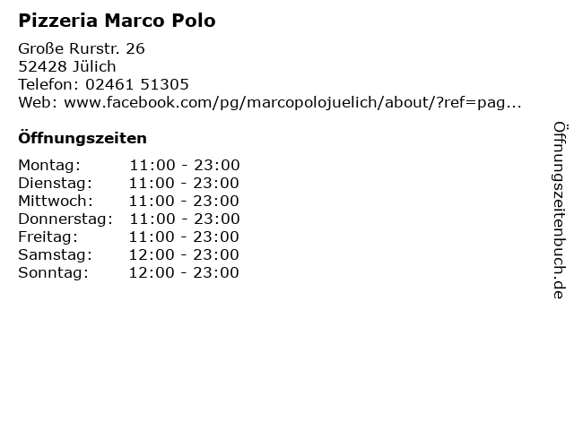 ᐅ Öffnungszeiten „Pizzeria Marco Polo“ | Große Rurstr. 26 in Jülich