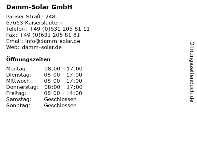 ᐅ Offnungszeiten Damm Solar Gmbh Pariser Strasse 248 In Kaiserslautern