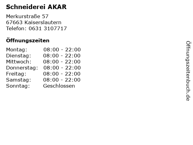 Schneiderei AKAR in Kaiserslautern: Adresse und Öffnungszeiten