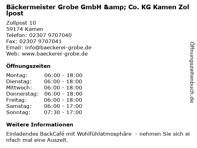 ᐅ Öffnungszeiten „Bäckermeister Grobe GmbH & Co. KG Kamen