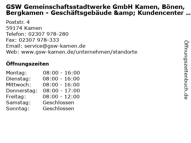 GSW Gemeinschaftsstadtwerke GmbH Kamen, Bönen, Bergkamen - Geschäftsgebäude & Kundencenter Kamen in Kamen: Adresse und Öffnungszeiten