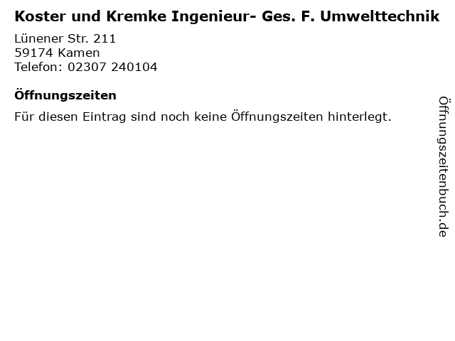 Koster und Kremke Ingenieur- Ges. F. Umwelttechnik in Kamen: Adresse und Öffnungszeiten