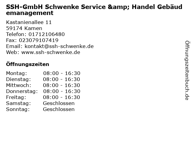 SSH-GmbH Schwenke Service & Handel Gebäudemanagement in Kamen: Adresse und Öffnungszeiten