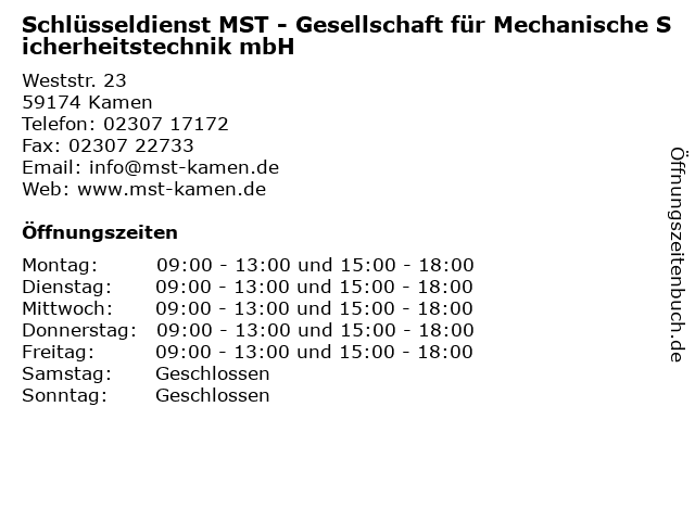 Schlüsseldienst MST - Gesellschaft für Mechanische Sicherheitstechnik mbH in Kamen: Adresse und Öffnungszeiten