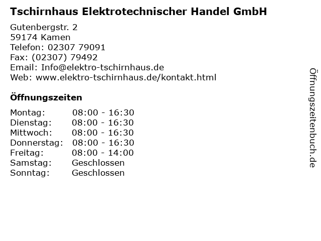 Tschirnhaus Elektrotechnischer Handel GmbH in Kamen: Adresse und Öffnungszeiten
