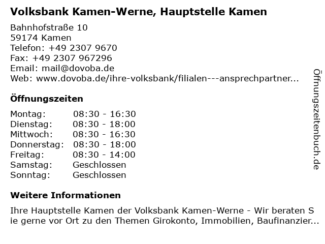 Volksbank Kamen-Werne, Hauptstelle Kamen in Kamen: Adresse und Öffnungszeiten