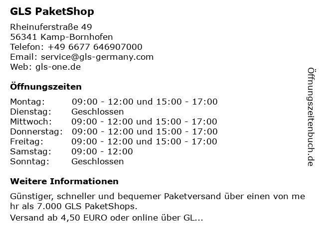 GLS PaketShop in Kamp-Bornhofen: Adresse und Öffnungszeiten