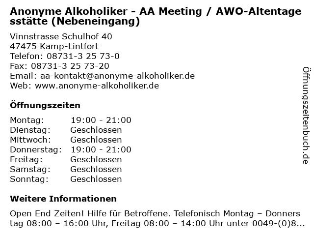 Anonyme Alkoholiker - AA Meeting / AWO-Altentagesstätte (Nebeneingang) in Kamp-Lintfort: Adresse und Öffnungszeiten